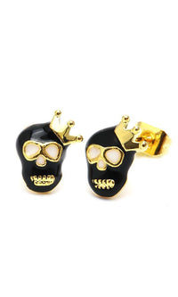 Load image into Gallery viewer, A pair of gold and black skull cufflinks, each with a tilted gold crown and hollow features, crafted in a style similar to the Brass Ohrstecker Stern Sterne bunt Unisex Ohrringe Edelstahl nickelfrei Kommunismus 12 mm, set on a white background.
