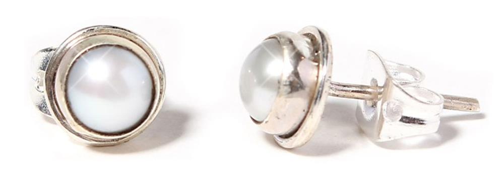 Ohrstecker silbergrau Perle rund 8 mm Ø breiter Silberrahmen 925er Sterlingsilber