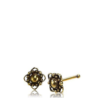 Load image into Gallery viewer, Gerader Nasenstecker Tragus antik golden Blüte eckig Messing 8 mm lang
