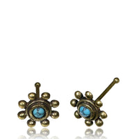 Load image into Gallery viewer, Gerader Türkis Nasenstecker Tragus antik golden Punkte Blume Messing 8 mm lang

