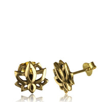 Load image into Gallery viewer, Messing Ohrstecker antik gold Lotus Zahnrad Khamsa Blume Türkis
