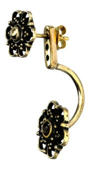 Load image into Gallery viewer, Messing Ohrstecker antik golden Ear Jacket Blumen Türkis Onyx Doppelohrstecker
