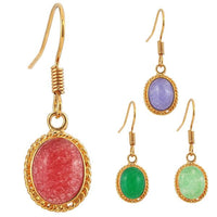 Load image into Gallery viewer, Four nickelfrei Brass Ohrringe Ohrhänger Ohrschmuck Damen Brasshänger with oval Katzenauge stones in red, purple, dark green, and light green, each set in a decorative gold-toned frame for an elegant look.
