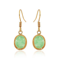 Load image into Gallery viewer, A pair of Brass Ohrringe Ohrhänger Ohrschmuck Damen Brasshänger with oval green Katzenauge, twisted gold rope design, and nickelfrei hook-style ear wires.

