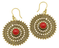 Cargar imagen en el visor de la galería, Ohrringe Jaspis Zopf Kreis Punkte Dreiecke Messing Ohrhänger rot nickelfrei antik golden Tribal
