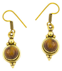 Cargar imagen en el visor de la galería, Ohrringe Kreis Tigerauge Punkte Dreiecke Messing Brass antik golden Tribal Ohrhänger
