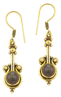 Load image into Gallery viewer, Ohrringe Geige Labradorit Punkte Messing Brass antik golden Tribal Ohrhänger

