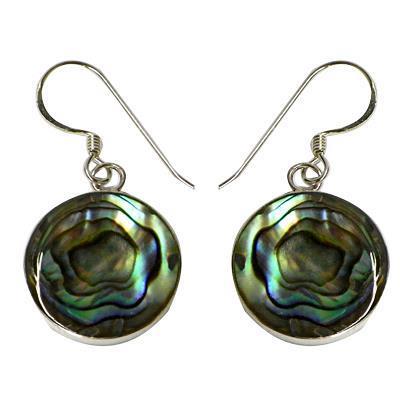 A pair of colorful round Abalone Paua Muschel Perlmutt earrings with shimmering green, blue, and black swirls, crafted from 925er Sterling Silber and featuring elegant silver hooks.