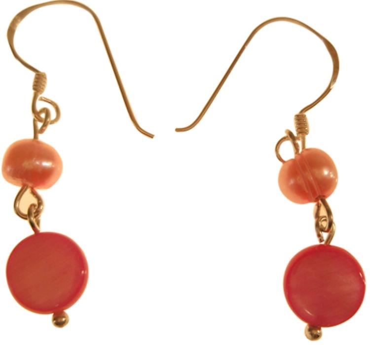 Damenohrringe mit rötlich gefärbter Perlmuttmuschel und rotbrauner Perle, mit 925er Sterlingsilberbügel