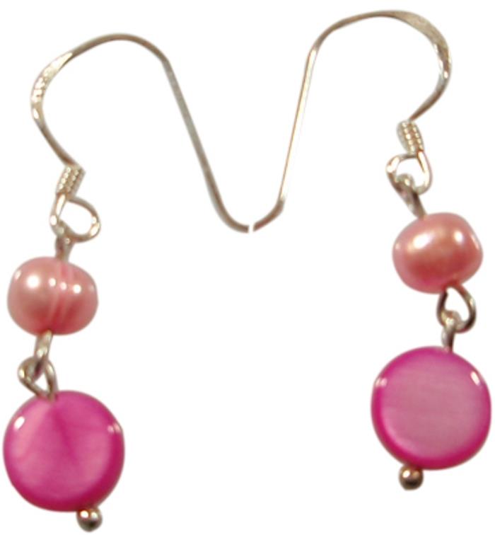 Damenohrringe mit pink gefärbter Perlmuttmuschel und rosa Perle, mit 925er Sterlingsilberbügel