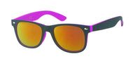 Cargar imagen en el visor de la galería, The Sonnenbrille verspiegelt schmal 400 UV Nerdbrille schwarz innen bunt features reflective orange lenses, bright purple arms, and UV 400 protection. Unisex style, shown on a white background, perfect for any look.

