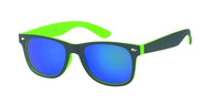 Cargar imagen en el visor de la galería, The Sonnenbrille verspiegelt schmal 400 UV Nerdbrille schwarz innen bunt features neon green arms, a black frame, blue mirrored lenses, and offers UV-Schutz 400 for modern, sporty unisex style.
