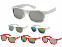Cargar imagen en el visor de la galería, A display of Sonnenbrille rot weiß Nerdbrille in silver, gold, and rainbow-mirrored lenses with 400 UV protection, featuring white and red frames, arranged in two rows on a white background.
