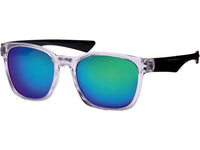 Cargar imagen en el visor de la galería, The Sonnenbrille bunt verspiegelt 400 UV has a transparent sporty frame, black arms, and blue-green mirrored lenses, offering UV-Schutz 400, shown against a white background.
