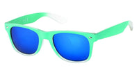 Load image into Gallery viewer, The &quot;Sonnenbrille transparent Farbverlauf 400 UV Nerd verspiegelt&quot; features bright green frames and blue mirrored lenses with UV-Schutz 400, displayed on a white background.
