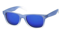 Load image into Gallery viewer, The Sonnenbrille transparent Farbverlauf 400 UV Nerd verspiegelt is a pair of blue sunglasses with a translucent frame, mirrored blue lenses, and UV-Schutz 400, displayed against a white background.
