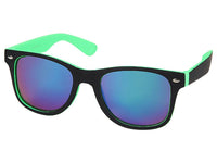 Cargar imagen en el visor de la galería, A pair of Sonnenbrille verspiegelt schmal 400 UV Nerdbrille schwarz innen bunt is displayed on a white background. The black frame has green arms and blue-purple mirrored lenses, offering UV 400 protection for your eyes.
