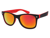Cargar imagen en el visor de la galería, The Sonnenbrille verspiegelt schmal 400 UV Nerdbrille features black frames with colorful inner arms, reflective orange-red lenses, and UV 400 protection. Stylish unisex design suits everyone.
