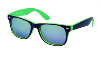 Load image into Gallery viewer, A pair of Sonnenbrille Nerdbrille verspiegelt 400UV with reflective lenses, black exterior frame, and colorful inner rims is shown on a white background.
