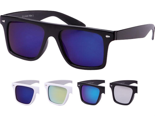 A set of five Sonnenbrille kantig Nerdbrille verspiegelt 400 UV unisex Tropfen is displayed: two black and three white retro frames with blue, silver, and gold mirrored lenses. Largest pair: black frame, blue lens. All offer UV-Schutz 400.