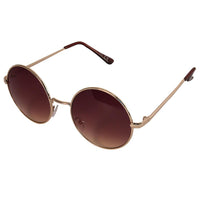 Cargar imagen en el visor de la galería, The Sonnenbrille Unisex Rund Hippie Brille John Lennon 400UV features round gold metal frames, dark brown gradient lenses, and arms with dark tips, shown at an angle on a white background for a classic Hippie look.
