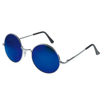 Cargar imagen en el visor de la galería, The Sonnenbrille Unisex Rund Hippie Brille John Lennon 400UV features round, silver frames with reflective blue lenses and black earpieces, displayed on a white background.
