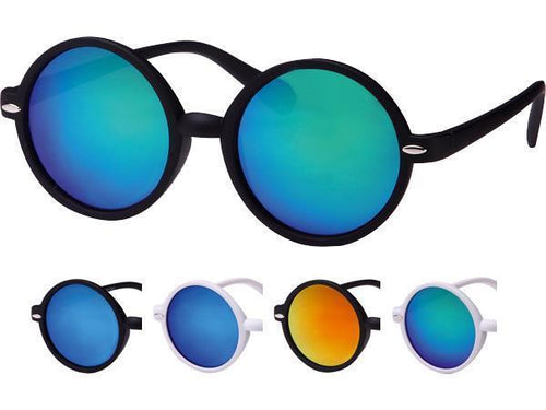 Five pairs of Sonnenbrille rund John Lennon Stil bunt verspiegelt 400UV Mandelverzierung, featuring bold black and white frames with blue, green, and orange mirrored lenses, are shown on a white background for a designer touch.