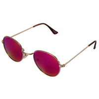 Load image into Gallery viewer, The Sonnenbrille kleine Gläser John Lennon Hippie Brille features gold metal frames, thin arms, purple-pink mirrored lenses, and 400 UV protection, making it a stylish unisex accessory shown against a white background.
