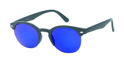 Black-framed Sonnenbrille rund Vintage John Lennon Raute Nerd Brille with 400UV protection and bright blue mirrored lenses, shown on a white background.
