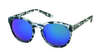 Load image into Gallery viewer, The Sonnenbrille rund John Lennon is a vintage-inspired black and white marbled frame with blue mirrored lenses, Retro Schlüssellochsteg, and 400UV protection, shown on a white background.
