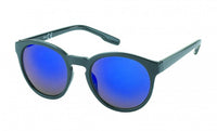Load image into Gallery viewer, The Sonnenbrille rund John Lennon bunt verspiegelt Vintage 400UV with Schlüssellochsteg features round, blue mirrored lenses and black frames, displayed against a white background.
