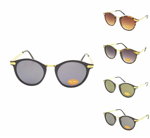 Five pairs of Sonnenbrille rund Vintage 400UV Metall verziert golden John Lennon Stil are displayed on a white background, with the largest black designer pair in the center and four smaller, colorful frames with various lens shades in the corners.