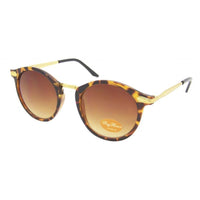 Load image into Gallery viewer, The Sonnenbrille rund Vintage 400UV features a brown tortoiseshell round frame, gold metal arms, gradient brown lenses inspired by John Lennon Stil, and &quot;Peggy Platinum and Vintage Co.&quot; in white cursive on the left lens.

