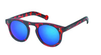 Load image into Gallery viewer, Sonnenbrille rund John Lennon Style Punkte Vintage Retro 400UV Panto getigert mit rot-schwarzem Muster und blauen, reflektierenden Gläsern auf weißem Hintergrund.
