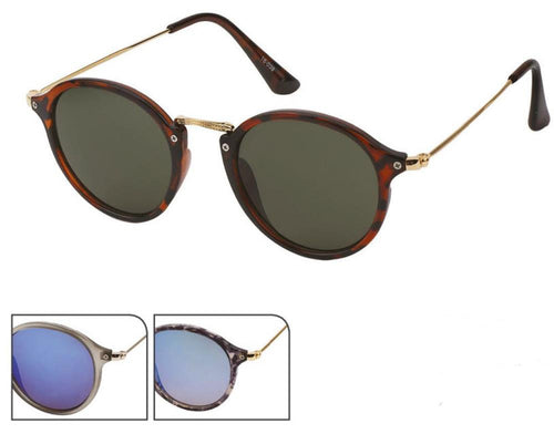 The Sonnenbrille Panto Retro Round Glasses feature classic tortoiseshell frames, dark lenses, and thin gold metal arms. Also available in silver with blue lenses and gray marbled frames with UV 400 protection and high arched bridge.