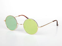 Cargar imagen en el visor de la galería, The Sonnenbrille Unisex Rund Hippie Brille John Lennon 400UV features thin gold metal frames, green-tinted round lenses, and brown-tipped arms, channeling classic Lennon style, shown on a white background.
