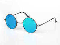 Cargar imagen en el visor de la galería, These Sonnenbrille Unisex Rund Hippie Brille John Lennon 400UV feature thin black metal frames and bright blue round lenses, stylishly displayed on a white surface.
