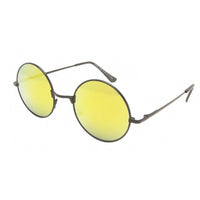 Cargar imagen en el visor de la galería, The Sonnenbrille Unisex Rund Hippie Brille John Lennon 400UV features thin black metal frames and large yellow-tinted lenses, inspired by John Lennon’s iconic style, displayed against a white background.
