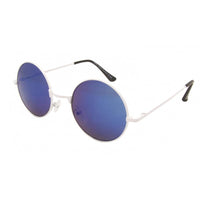 Cargar imagen en el visor de la galería, The Sonnenbrille Unisex Rund Hippie Brille John Lennon 400UV features round reflective blue lenses, thin white metal frames, and black-tipped arms, capturing classic Hippie Brille style, shown against a plain white background.
