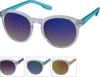 Load image into Gallery viewer, Clear-framed Sonnenbrille rund John Lennon transparent 400UV Schlüssellochsteg Retro verspiegelt with blue gradient lenses and blue arms. Three smaller images show vintage flair with purple, green, or orange arms and assorted lens tints.
