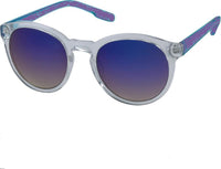 Load image into Gallery viewer, The Sonnenbrille rund John Lennon transparent 400UV Schlüssellochsteg Retro verspiegelt features clear frames, blue-to-purple gradient mirrored lenses, and blue patterned arms, displayed on a white background.
