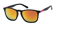 Load image into Gallery viewer, The Sonnenbrille Designer Retro schwarz Brille features black frames, colorful mirrored lenses, pink arm accents, and 400 UV protection, shown on a white background.
