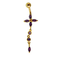 Cargar imagen en el visor de la galería, Bauchnabelpiercing golden Blüte lila Anhänger Kugel Edelstahl
