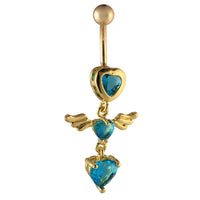 Cargar imagen en el visor de la galería, Bauchnabelpiercing goldfarben 3 Herzen blau mit Flügel Edelstahl
