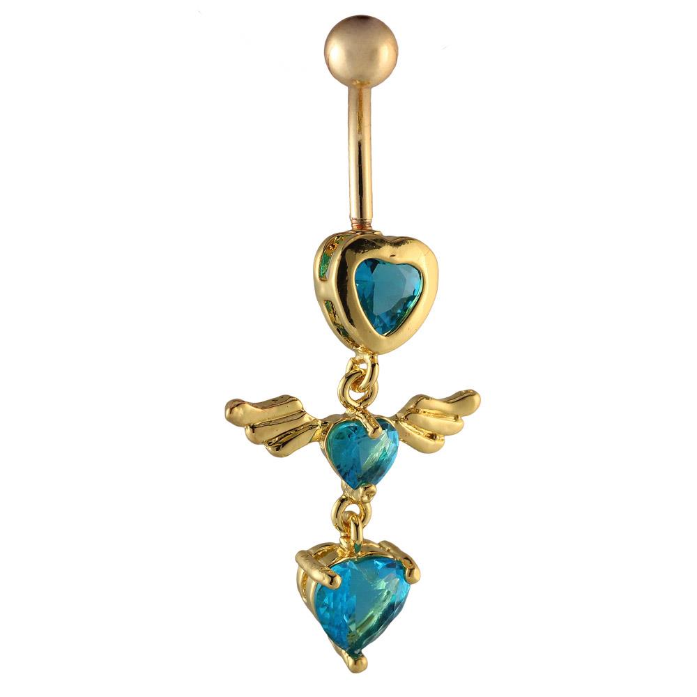 Bauchnabelpiercing goldfarben 3 Herzen blau mit Flügel Edelstahl