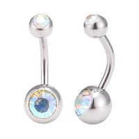 Cargar imagen en el visor de la galería, Bauchnabelpiercing Edelstahl silberfarben Stein weiß bunt schimmernd beide Kugeln
