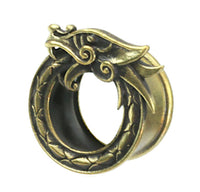 Cargar imagen en el visor de la galería, A brass-colored &quot;Brass Tunnel Midgard Viking Weltenschlange antik gold&quot; ring features a dragon biting its own tail, with intricate details on the head and scales along the circular body.
