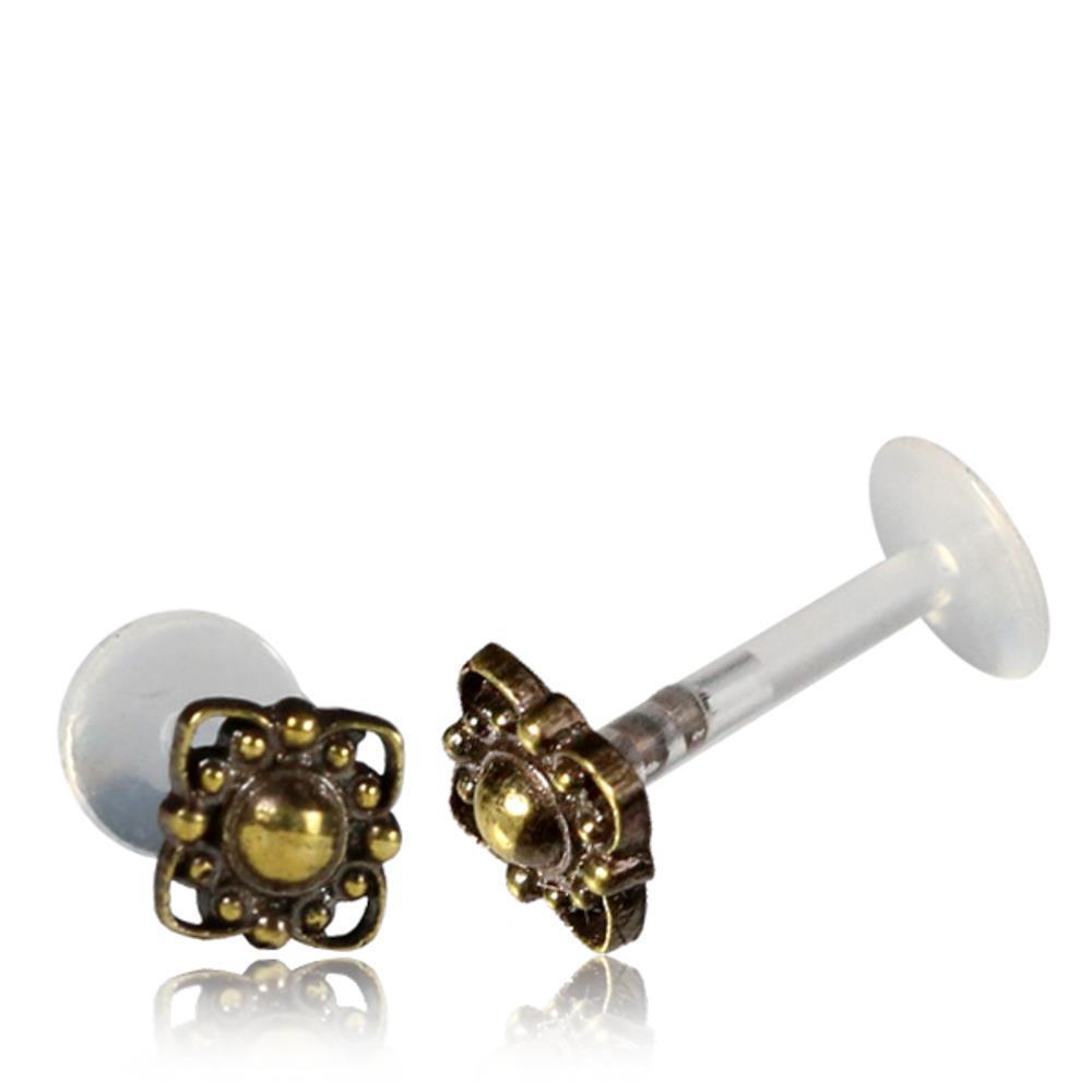 Labret Lippen Piercing Acryl eckige Blume antik golden Brass Motiv