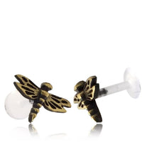 Load image into Gallery viewer, Labret Lippen Piercing Acryl Libelle antik golden Brass Motiv Tragus
