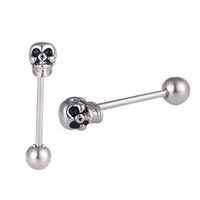 Cargar imagen en el visor de la galería, Straight Barbell Piercing Totenkopf schwarze Augen aus Edelstahl silberfarben Kugel
